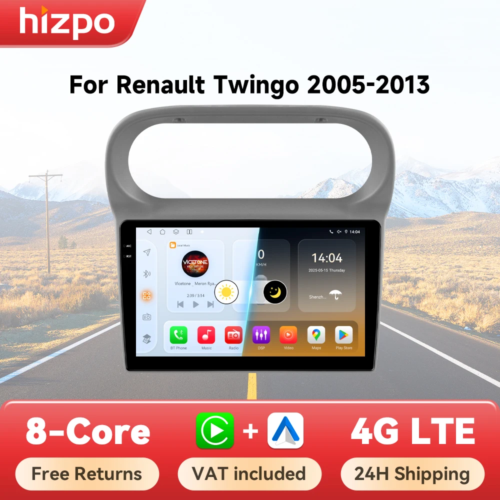 Autoradio multimédia Android Hizpo 2 Din pour Renault Twingo 2005 - 2013, écran audio 9 pouces, Carplay sans fil, GPS, stéréo
