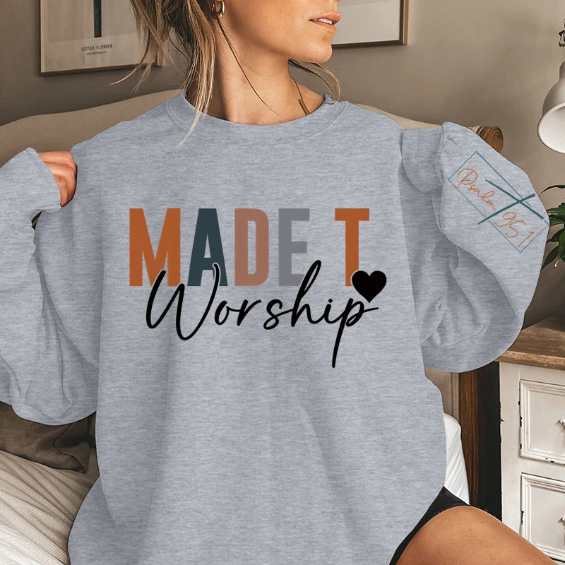 Made To Worship Letter Print Sweatshirt Crew Neck Casual Fall & Winter Wear Christian Sweatshirts Long Sleeves Funny Pullovers