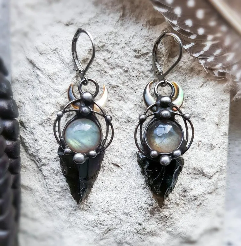 Black Arrow Labrador Pearl Earrings, Witch Earrings, Labrador Pendant Earrings Wicca Pagan Witch Craft Jewelry Gifts