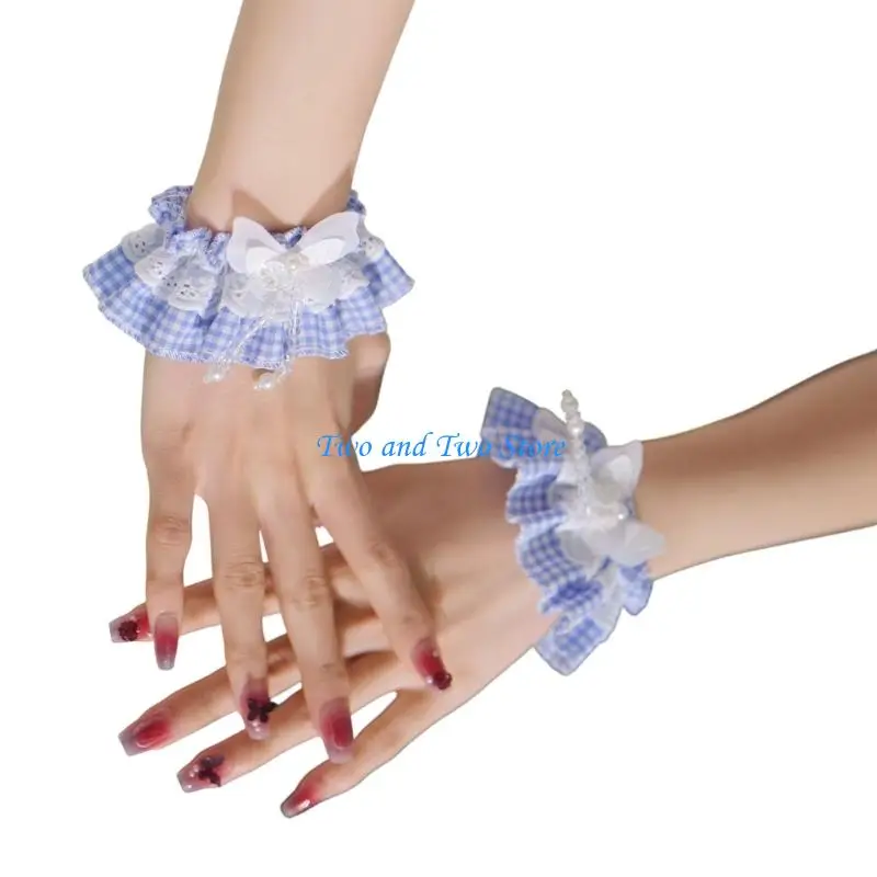 HX6F Lace Bowknot Wrist Sleeves Ruffle Cuffs Wristband With Plaids and Bowknot Decors
