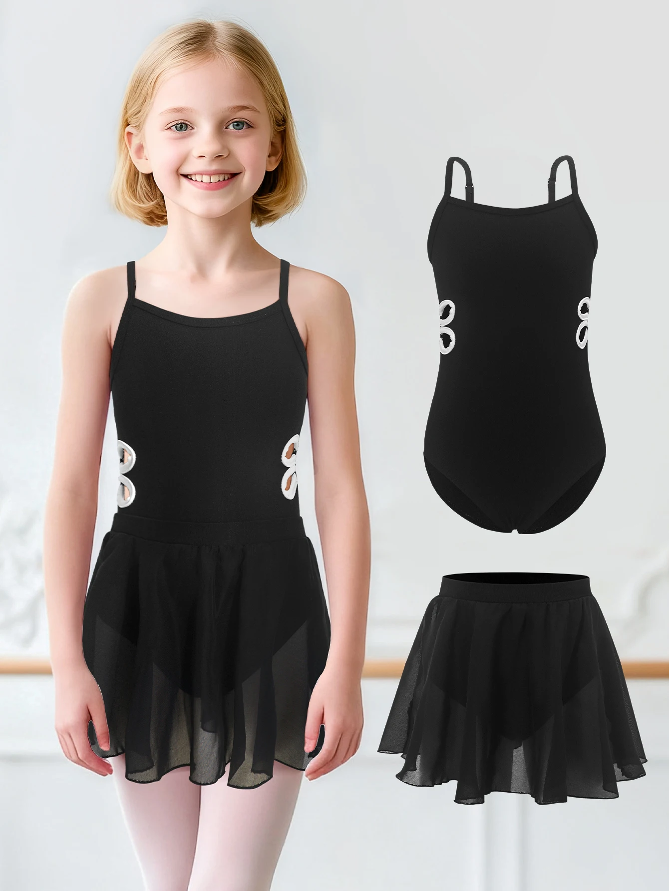 Ballett-Trikots für Mädchen, Leibchen, Gymnastik-Outfits mit abnehmbarem Rock, ausgehöhltes Tanzkleid, Bühnenkostüm