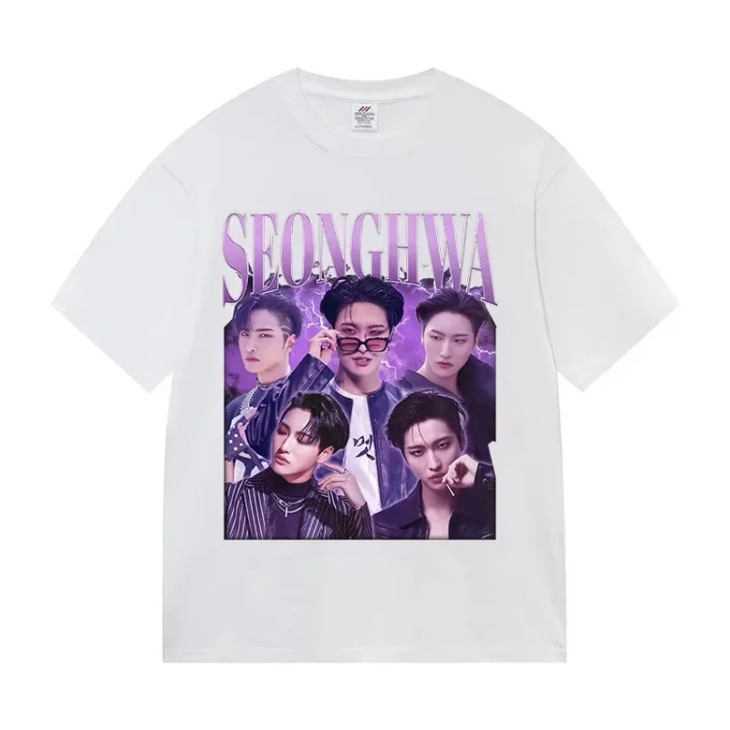 Korean Ateez Seonghwa World Tour 2025 T Shirt  Women RetroShort Sleeve T-shirts Hip Hop Loose Kpop T-shirt Streetwear