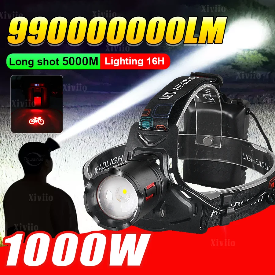 

Сверхмощный налобный фонарь 99000000LM 1000W, сверхъяркий светодиодный фонарь с дальностью действия 5 км, зарядка от 18650, для кемпинга