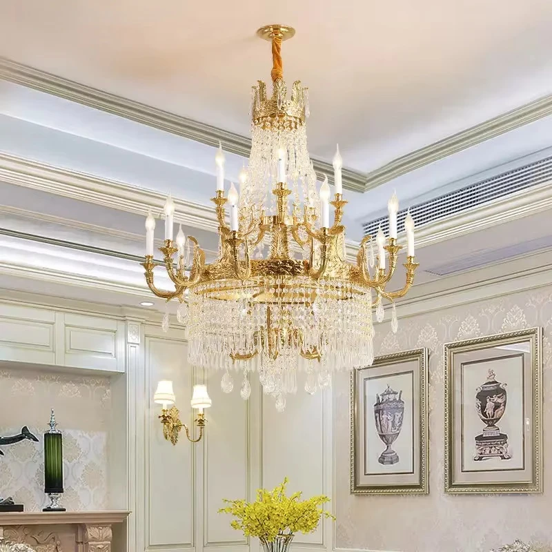 

European Rococo 20 Lights Luxury Crystal Home Decoration Hanging Pendant Light Hotel Spiral Brass Chandelier