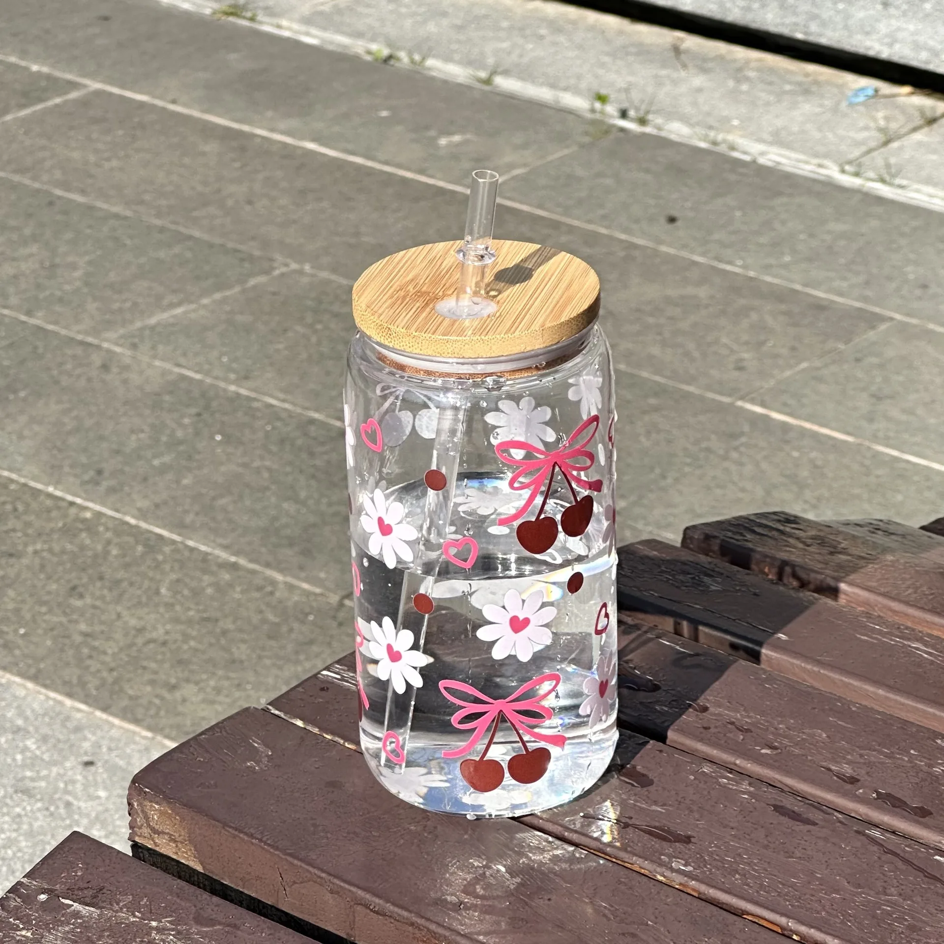 500ml Cute Bow Glass Cup Tumbler Mason Jar Shaped Water Bottle With Lids Straw Coffee Cups Party Gift for Iced Coffee Juice Cup image 5