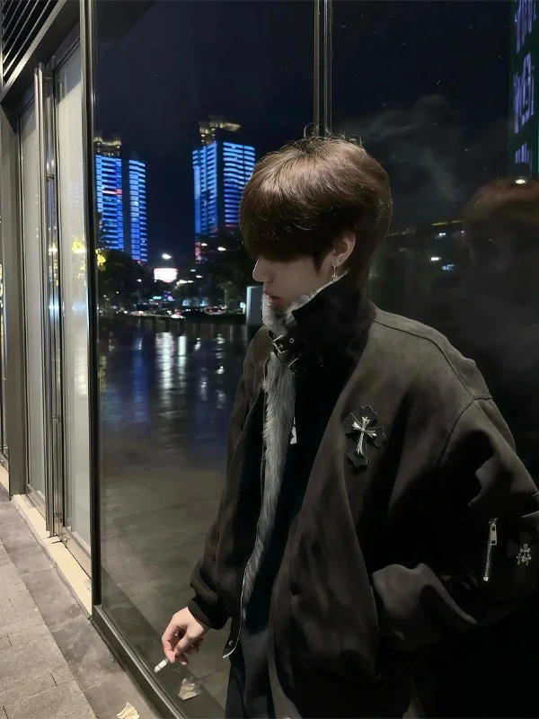 

Men's Thiened Fce Lined Cotton Jaet Bla Fur Collar Winter Warm Coat Zipper Closure Long Sve Casual Outerwear