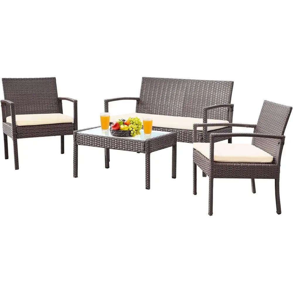 

4-Piece Beige Rattan Outdoor Patio Furniture Set with Wicker Chairs and Table for Garden, Lawn