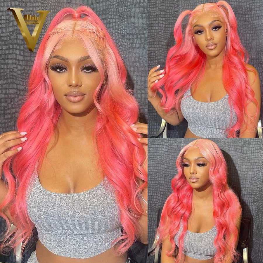 

Ombre Light Pink Wigs Preplucked Indian Human Hair Body Wave Lace Front Wig For Black Women 32 Inch Closure Wig With Baby Hair