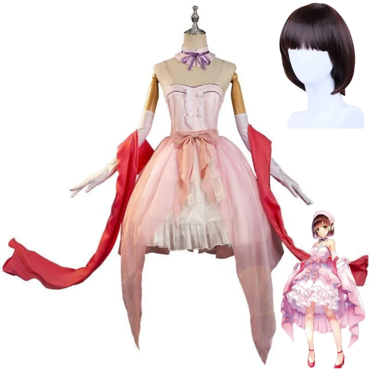 Anime Saekano: How To Raise A Boring Girlfriend Megumi Kato Cosplay Costume Wig Pink Evening Dress Woman Sexy Carnival Suit