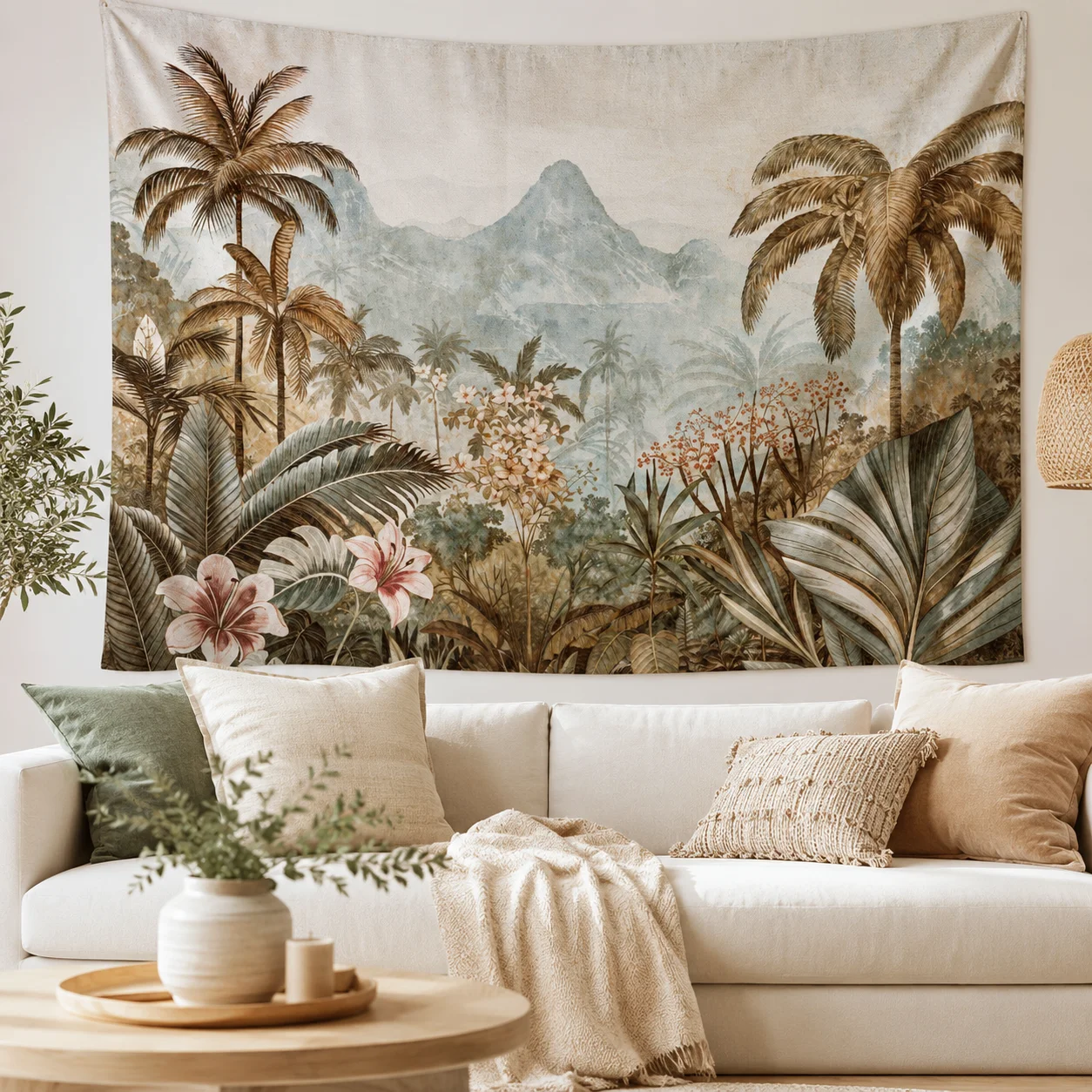 Retro Tropical Jungle Mountain Tapestry Palm Floral Wall Hanging, Vintage Plant Decor, Housewarming Birthday Gift