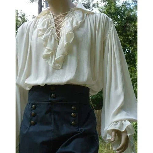 Imagen 2 del producto Disfraz renacentista para hombre, camisa pirata Steampunk Medieval de manga larga con volantes y cordones, disfraz de príncipe Drama, Tops para escenario
