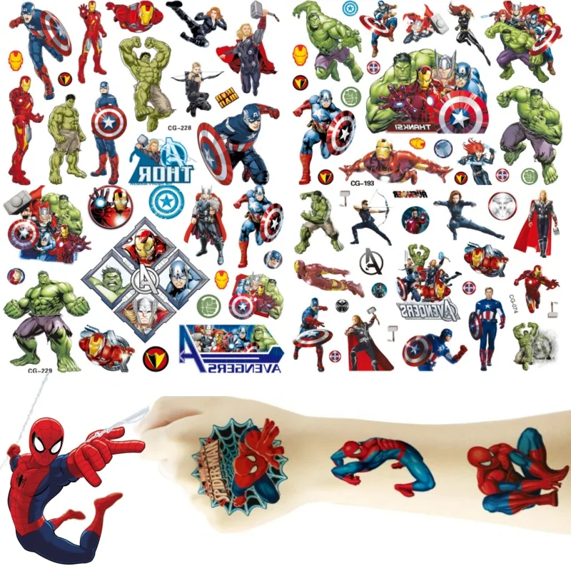 

Marvel Tattoo Stickers Waterproof Cute Spider-Man Hulk Sticker Iron Man Funny Anime Birthday Party Supplies Decoration Kids Gift