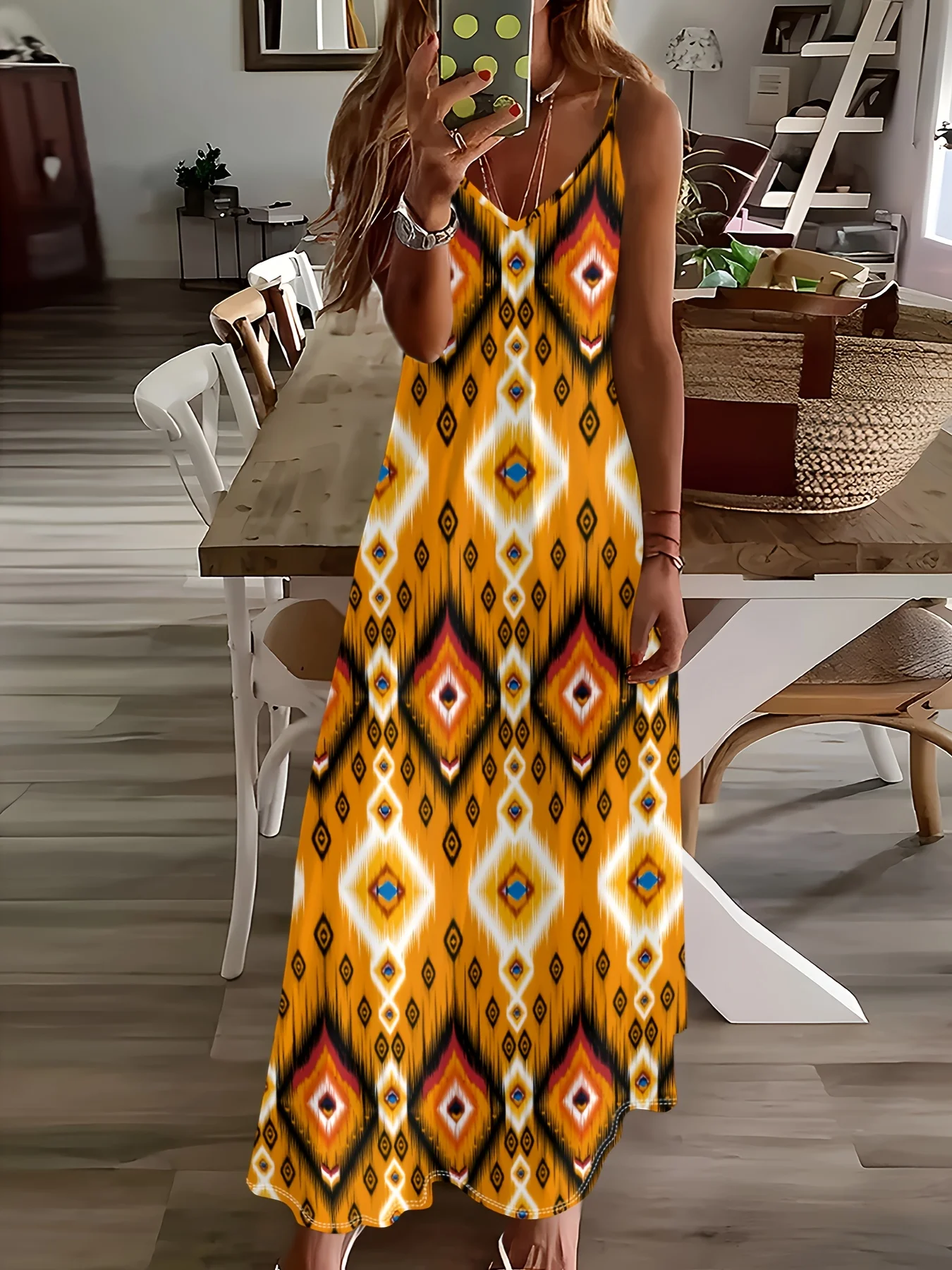 Printed Design Casual Geometric Diamond Pattern Suspender Dress