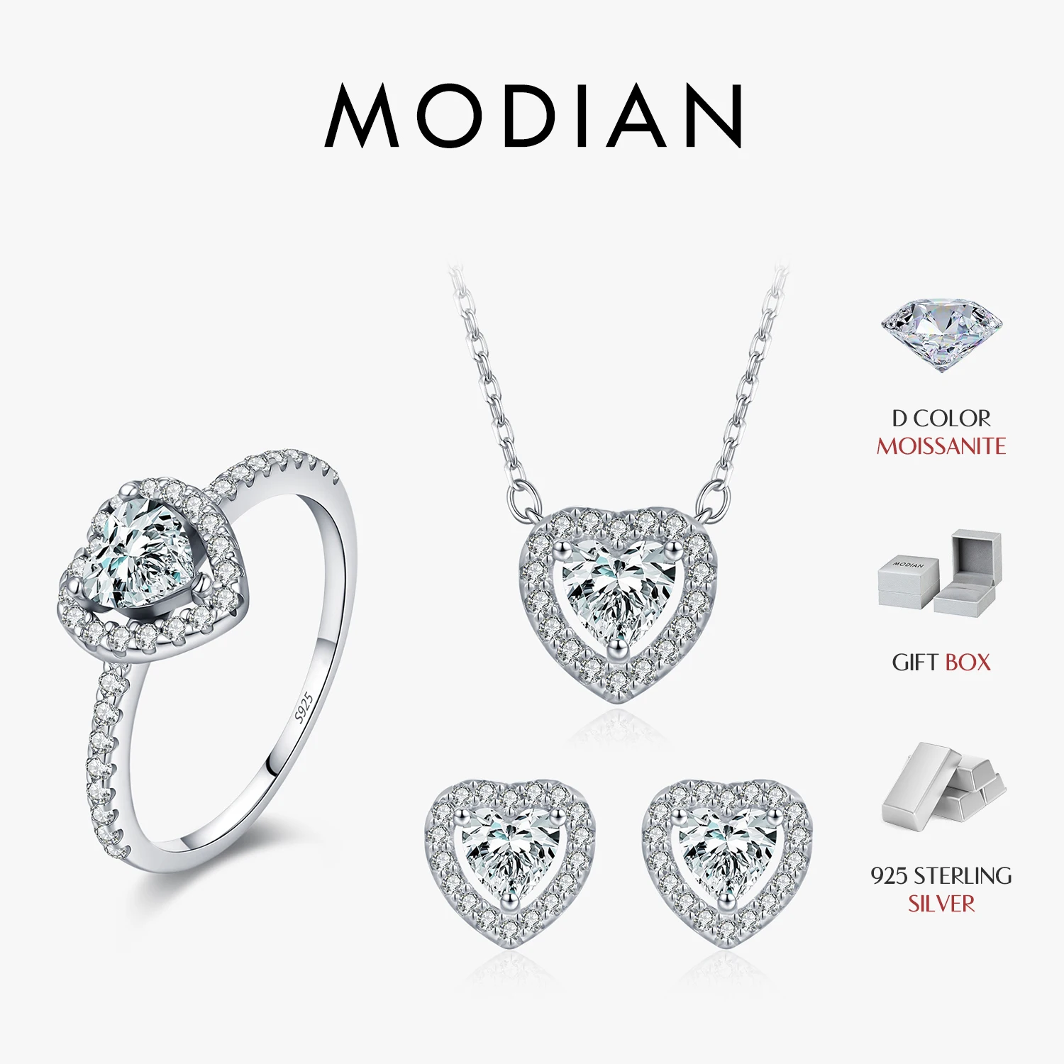 

MODIAN 925 Sterling Silver Luxury Halo Earring Sparkle Heart Moissanite Rings Necklace For Women Bridal Jewelry Set
