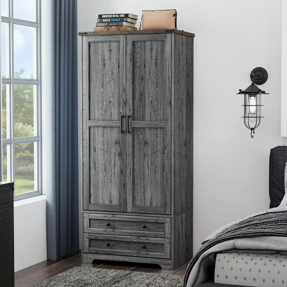 

71" Wooden Armoire Wardrobe Closet - Modern Functional Clothes Tall Storage Cabinet with Adjustable - Spacious 2-Drawer Design