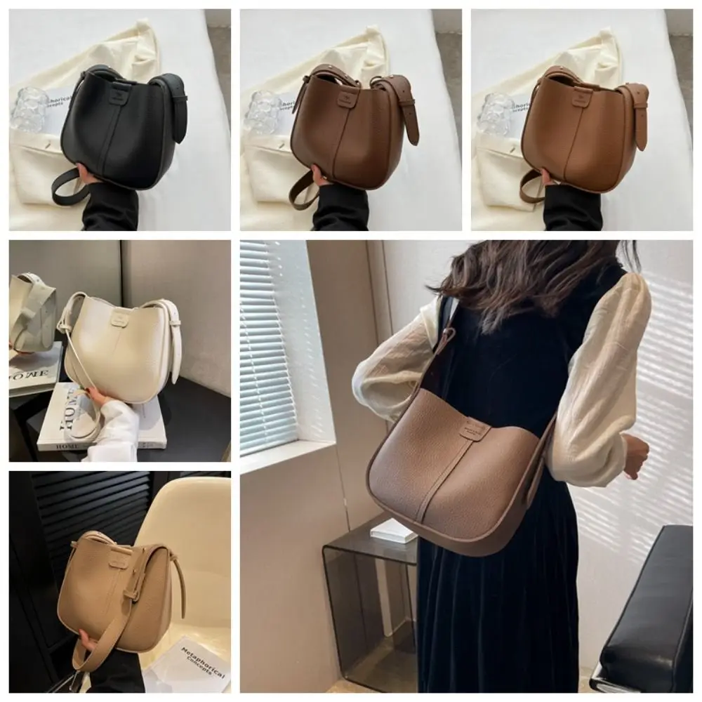 

with Inner Pouch Lichee Pattern Crossbody Bag Large Capacity Korean Style PU Bucket Bag Solid Color Shopping Bag Shoulder Bag