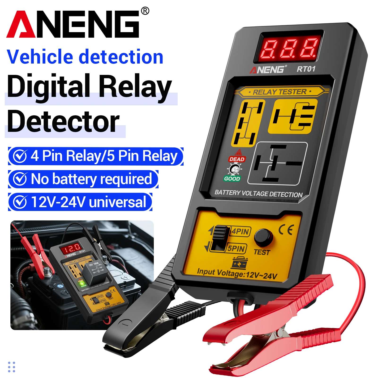 ANENG RT01 Verificador de Relé Automotivo com Display Digital 4P 5 Pinos 11-25V, Detector de Relé Veicular com Clipe Jacaré Longo, Ferramenta de Diagnóstico e Reparo