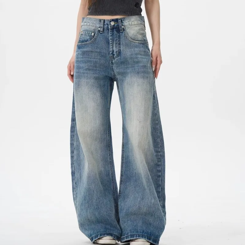 Celana Jeans Pria Motif Bambu Amerika Retro, Model Longgar Pinggang Tinggi Kaki Lurus, Celana Bent Knife Trendi untuk Pasangan, Celana Denim Kasual