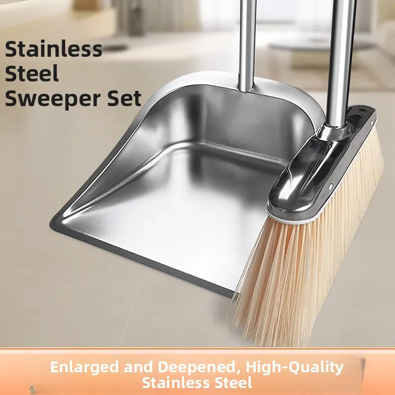 Stainless Steel Broom And Dustpan Set Household Cleaning Tools Integrated Design Sweeping Combination for Floor Cleaning