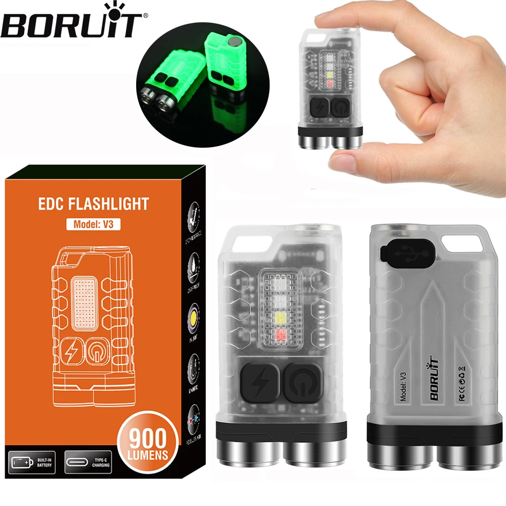 BORUiT V3 EDC Keychain Portable Flashlight 900LM Work Light Type-C Rechargeable Mini Torch with Magnet UV Camping Pocket Lantern