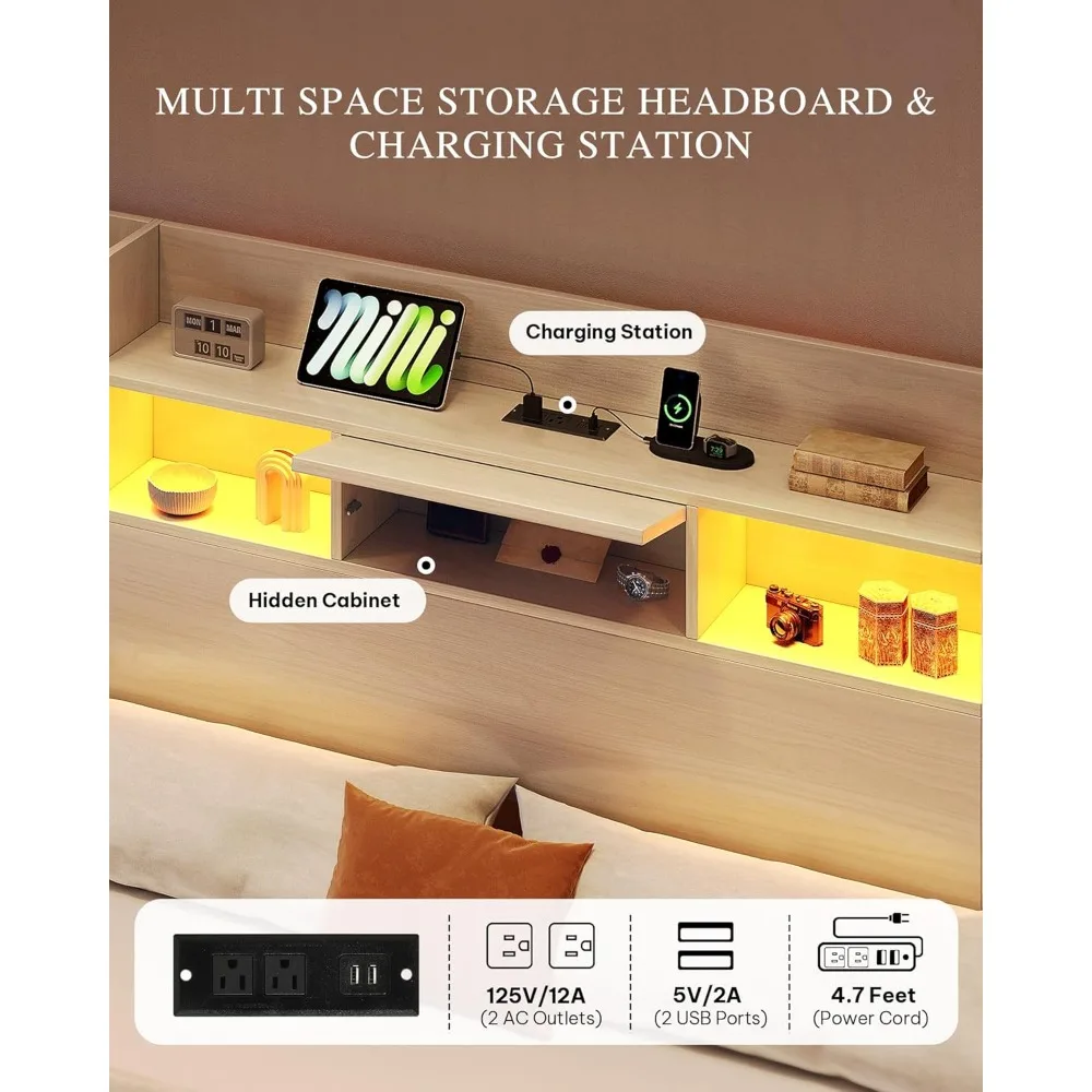 إطار سرير بحجم كوين مع لوح أمامي لخزانة الكتب و4 أدراج تخزين، وإطار سرير RGB LED مع محطة شحن USB من النوع C