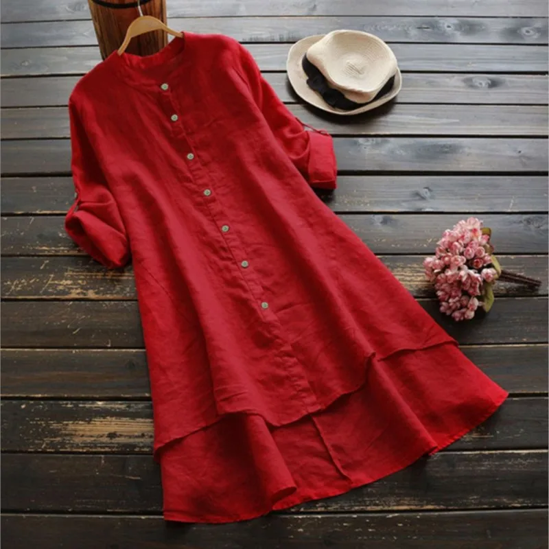 Fashion Solid Color Button Cotton And Linen Irregular Dress Women Spring Summer Casual Long Sleeve Loose Vintage Midi Dresses