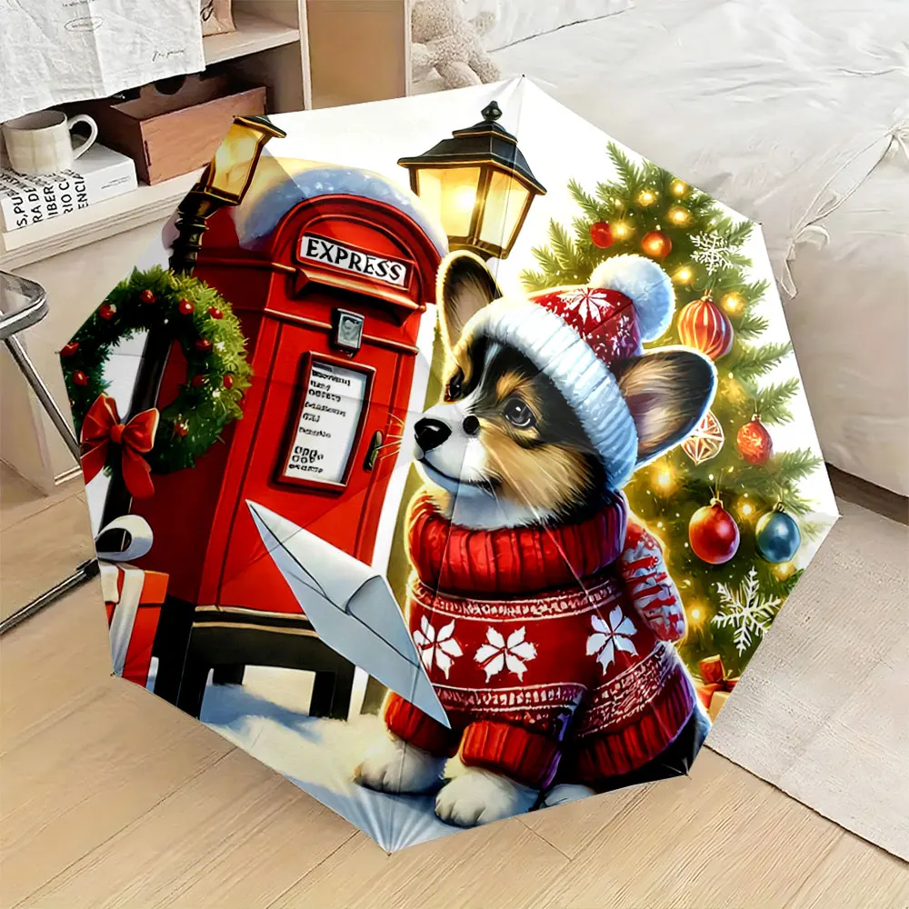 Cute Christmas Corgi in Sweater with Mailbox and Tree Art Compact Fashion Folding Umbrella for Daily Use, Christmas Gift