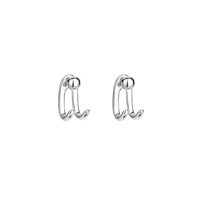 Double Line Hook Curved Ball Back Hang Post Stud Earrings Two in One Geometric Silver Color Metal Brincos Jewelry Girl Gift image 6