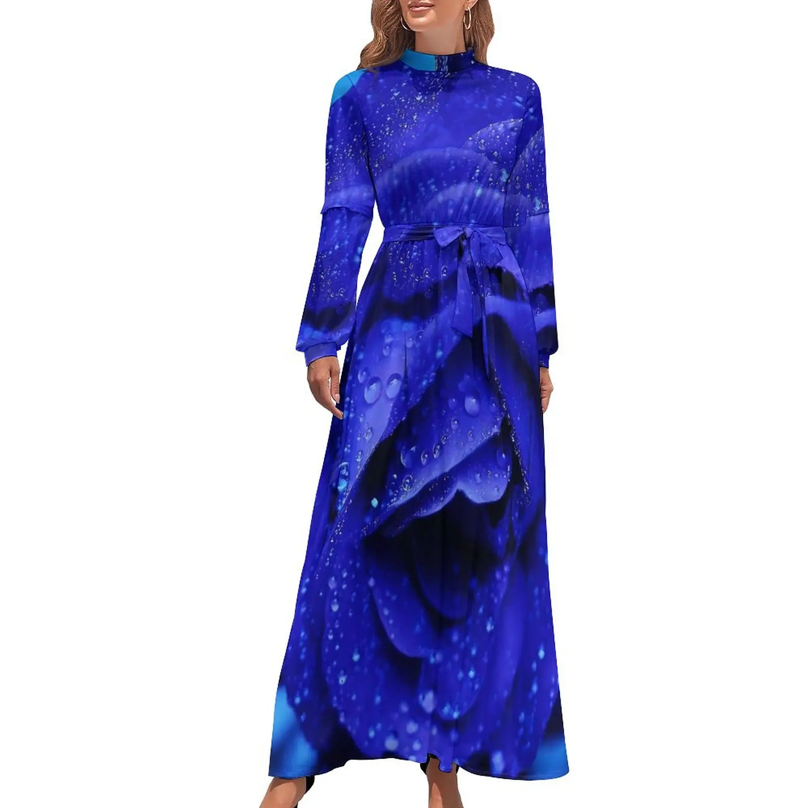 Blue Fower Dress Long Sleeve Rose Print Party Maxi Dress High Neck Street Style Graphic Boho Beach Long Dresses Birthday Present