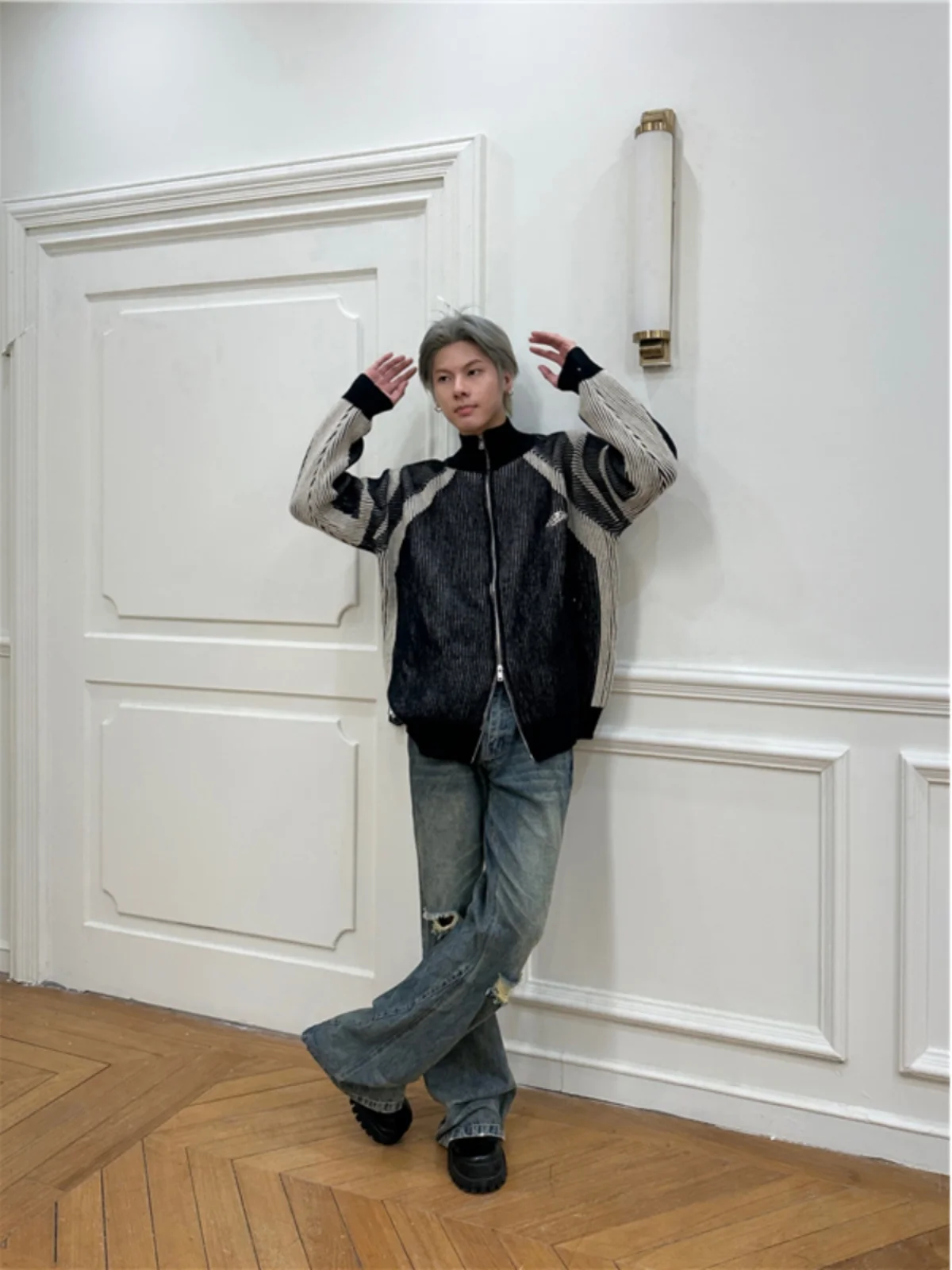 

Retro American Design High Ne Knitted Sweater Men's Autumn Winter Couple's Striped Open Cardigan Loose Fit Casual Sle