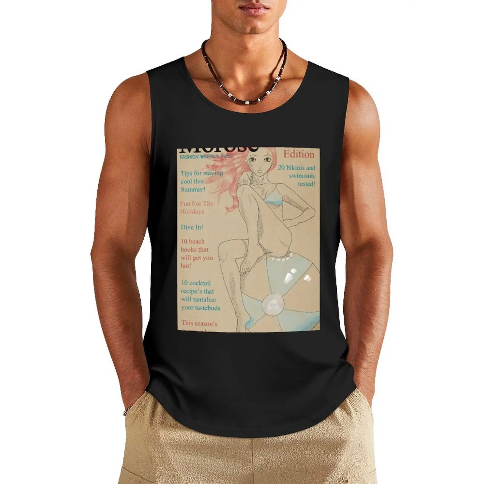 

Retro, Vintage Fashion Magazine cover Summer Swimsuit and Bikini Edition Beach wear. Tank Top Fitness men clothing t-shirts man