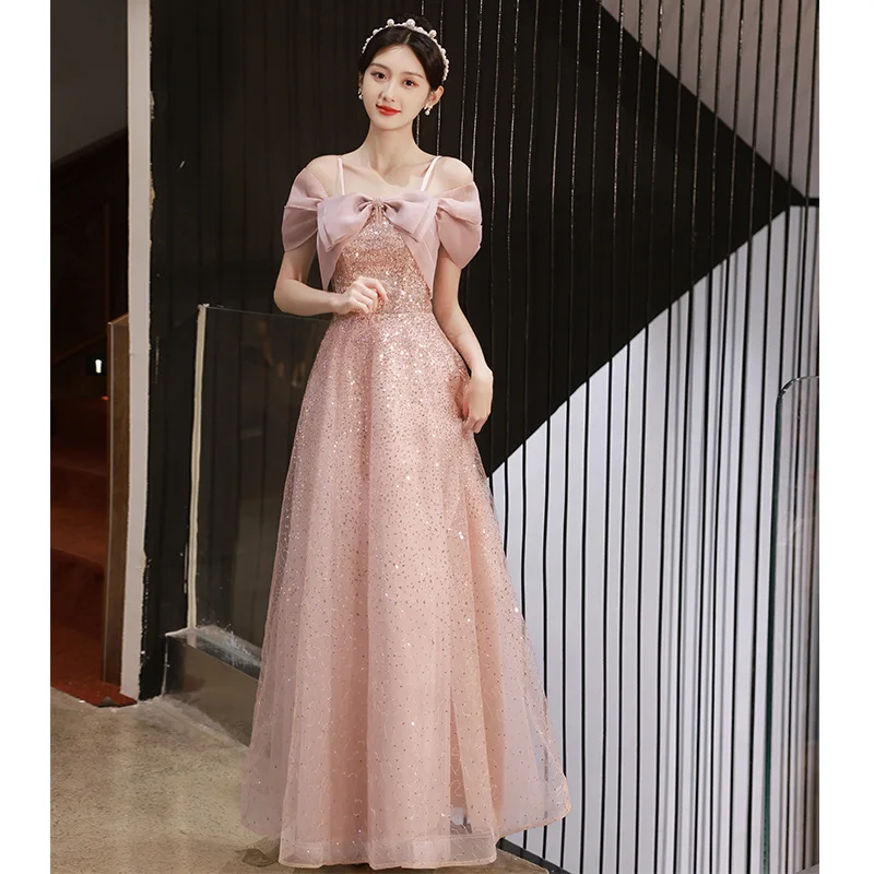 

Beauty-Emily Glitter Spaghetti Strap Pink A Line Prom Dress Off Shoulder Floor Length Princess Wedding Party Gowns with Bow