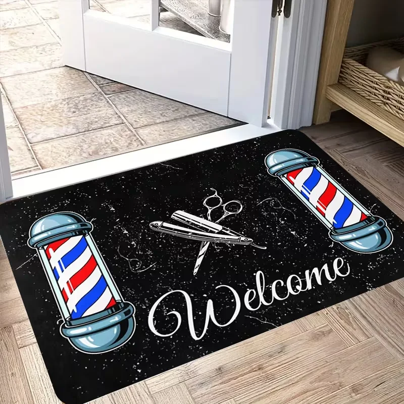 Vintage Barber Shop Welcome Mat, Retro Flannel Material Pile Commercial Decor Category, American Salon EntranceRetro Barber Mats