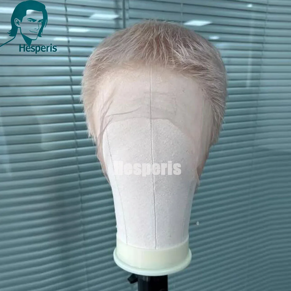 Hesperis Men's Platinum Blonde Full Lace Wig 60# Short Boy Cut Brazilian Remy Hair Male Hair Replacement Prestyled Straight