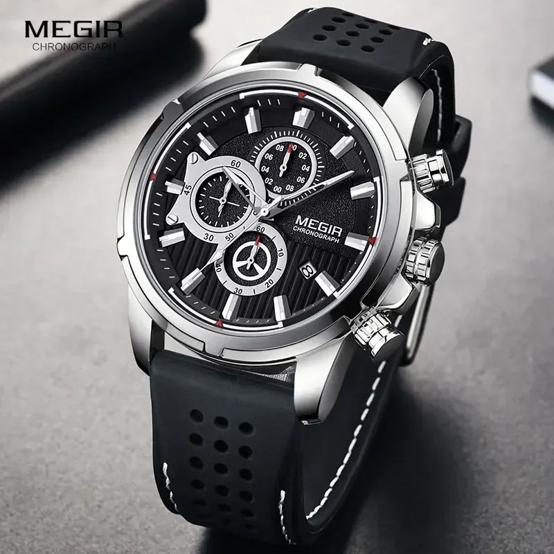 MEGIR Army กีฬานาฬิกาควอตซ์ผู้ชาย Chronograph สายซิลิโคนนาฬิกาข้อมือแบรนด์หรู Relogios Mascuoino นาฬิกา 2101 Silver