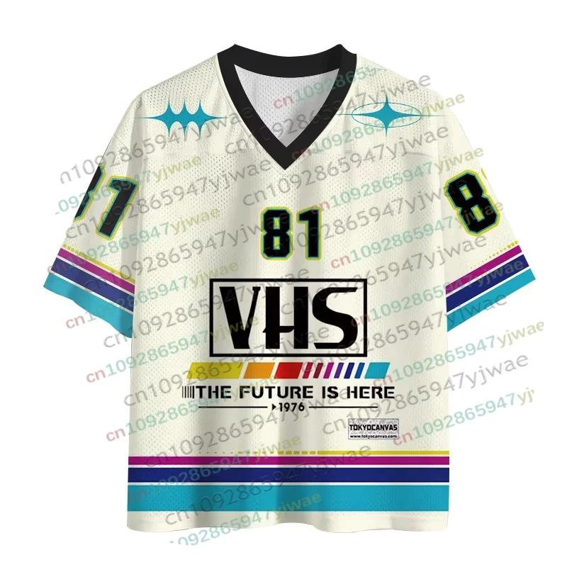 2026Summer Essential VHS 1976 Men Japanese Y2k V-neck Mesh Football Shirt Trendy Outdoor Sports Fitness Quick Dry Womens T-shirt