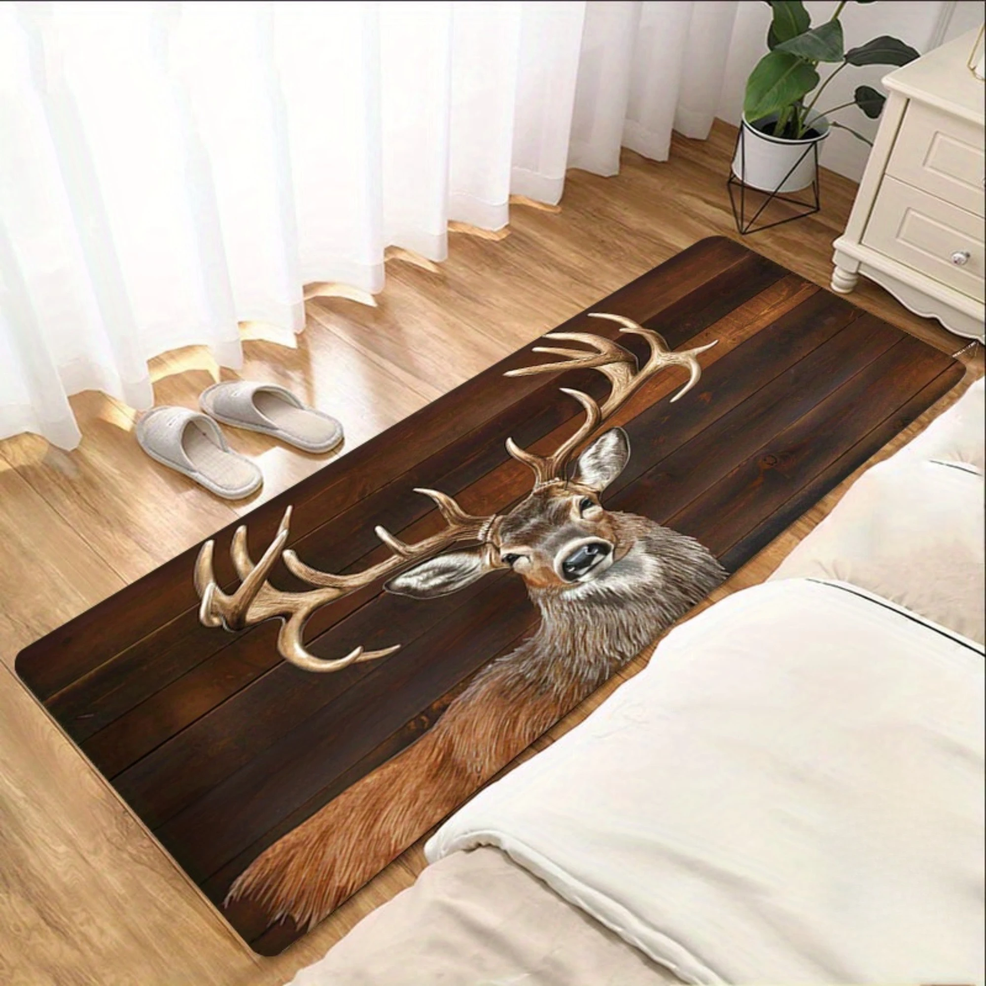 Rustic Wood Board Deer Stag Pattern Runner Rug Wildlife Antler Animal Decor Floor Mat for Bedroom Hallway & Indoor Home