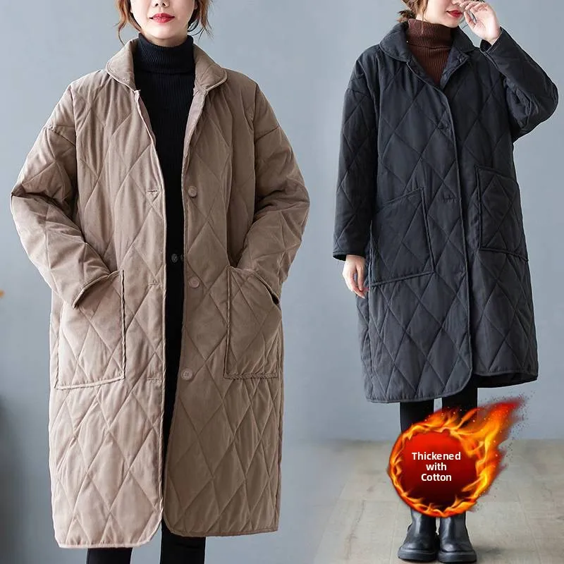 

Свободная корейская хлопковая куртка средней длины для женщин больших размеров с ромбовидным узором, утягивающая фигуру, модная, больших размеров