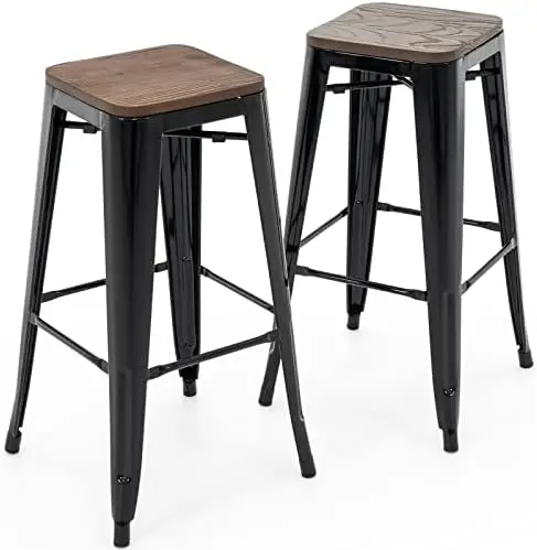 

30 Inch Metal Stools with Square Wood Seat Top, Backless Stackable Industrial Barstools Set of 2 (Pearl Grey)