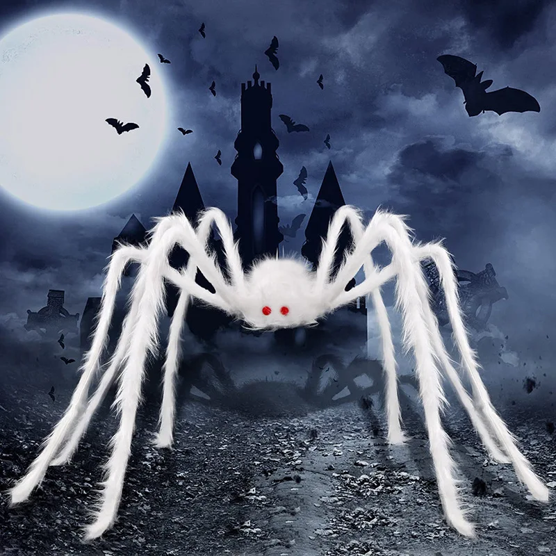 White Plush Spider Scary Giant Spider Halloween Haunted House Decorations Hairy Spider Props for Halloween Party Yard Decor