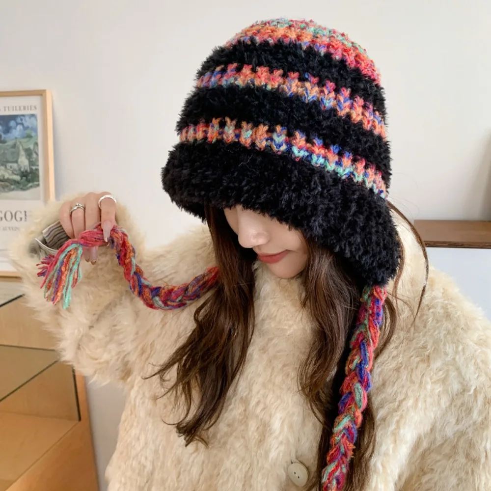 

Outdoor Thickened Knitted Warm Hat Plush Colorful Fluffy Fleece Hat Breathable Comfortable Ear Protection Cap Sports Cap