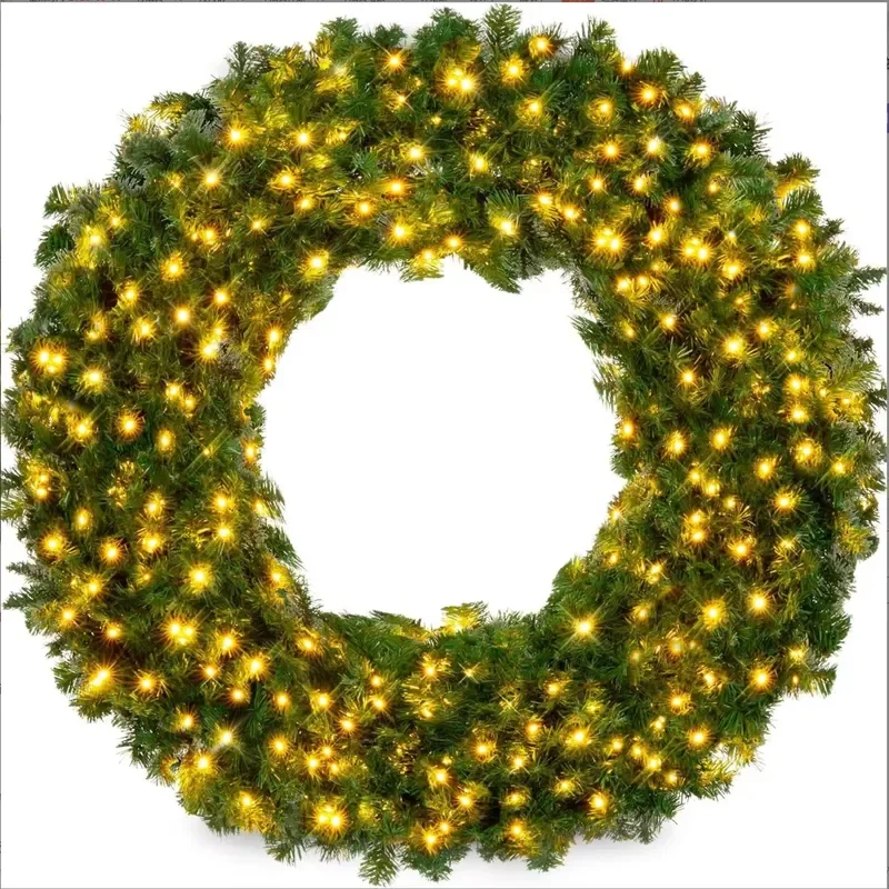 60-Inch large artificial fireproof pre-installed light Christmas wreath with red bow trim, metal structure, outdoor