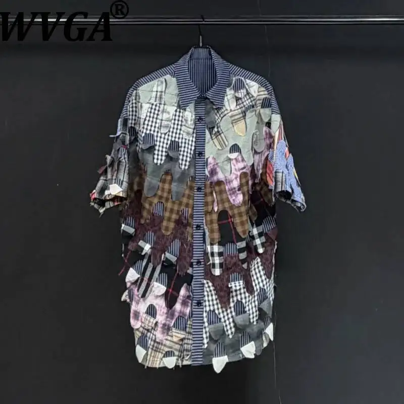 WVGA Summer New Men's Striped Patchwork Patterned Printed Short Sleeved Shirt Trendy Loose Fit Niche Chic Casual Tops Ins W24807