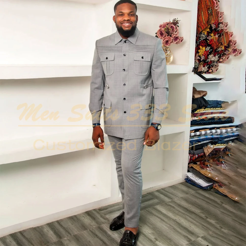 

Safari Grey Suits for Men Elegant 2 Piece Jacket Pants Sets High Quality Slim Fit Male Clothing Luxury Business Outfits