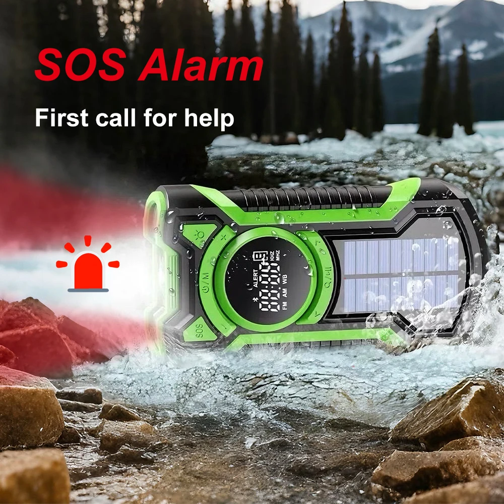 الطوارئ كرنك اليد راديو بالطاقة الشمسية مع NOAA تنبيهات الطقس 5000mAh شاحن الهاتف بلوتوث 5.3 AM/FM IP65 مصباح يدوي مقاوم للماء