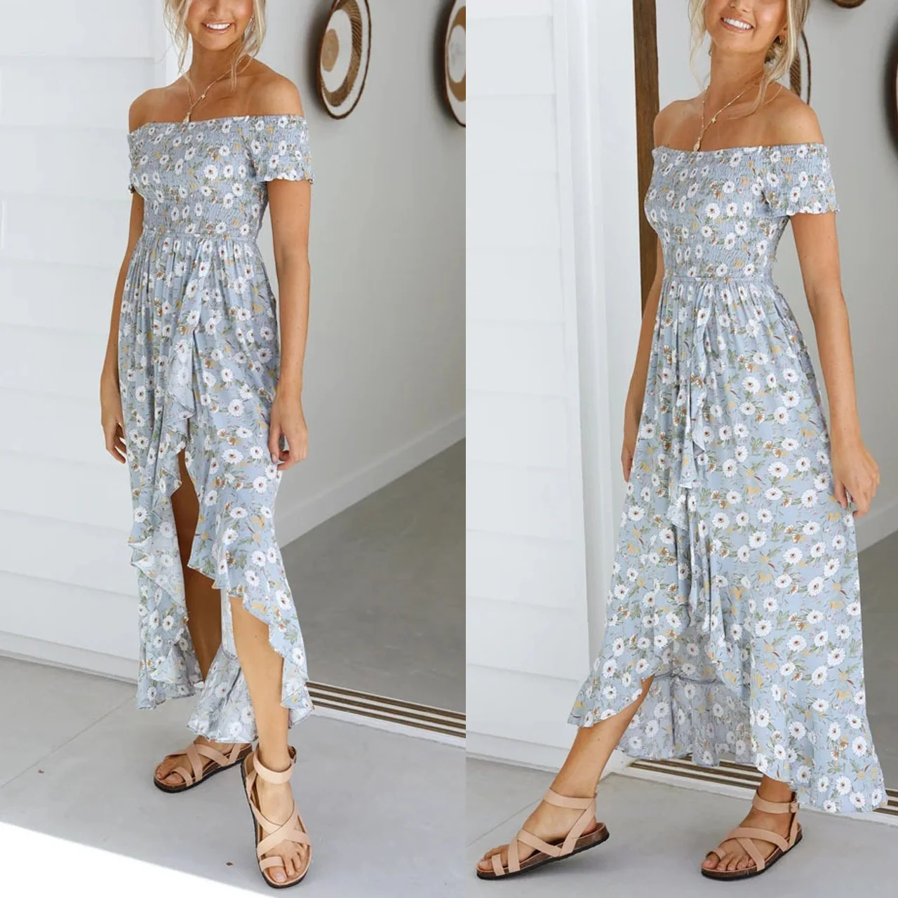 2025 primavera/verão novo produto fresco e doce floral estampado babado borda vestido de comprimento médio 1386