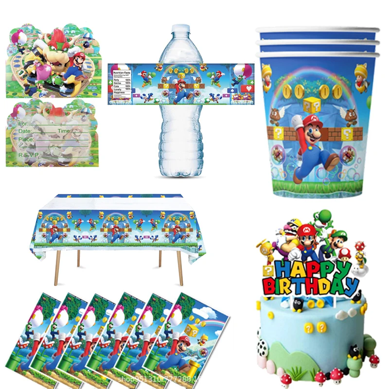 Decoración de fiesta de cumpleaños de Super Mario Bros, vasos de papel desechables, bolsas de regalo de Anime para niños, etiquetas de botellas de