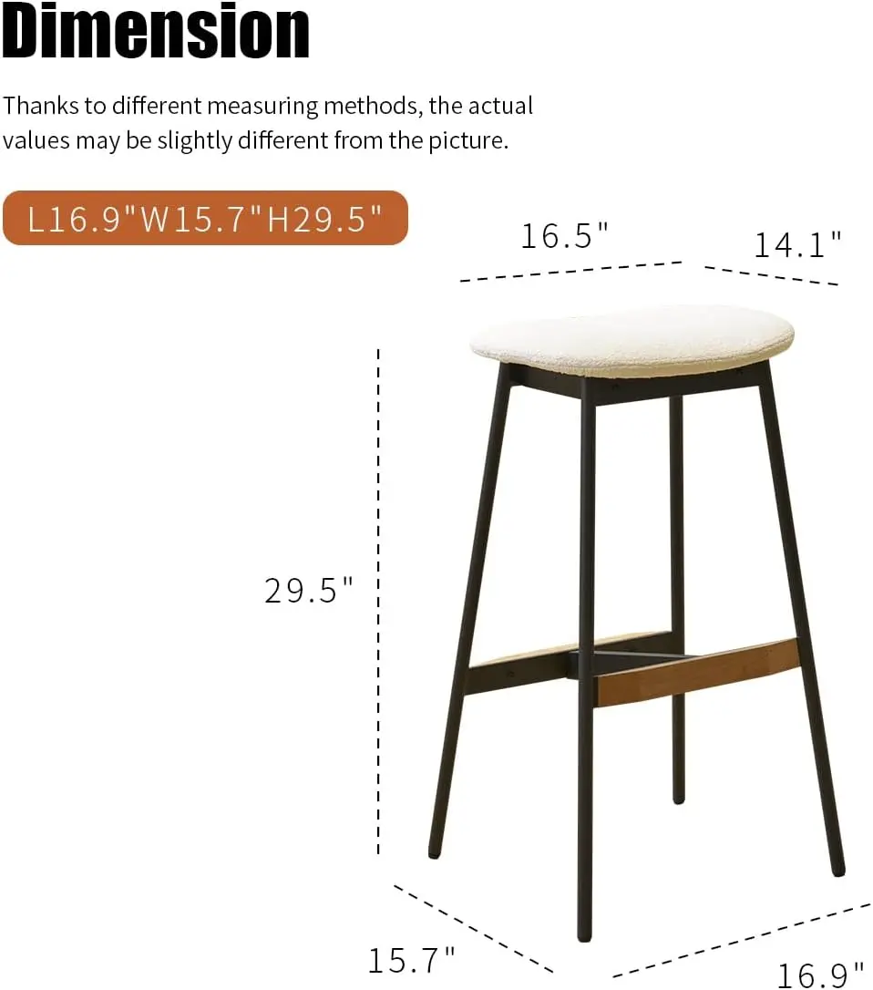 바 높이 바 스툴, Boucle 원단 모던 백리스 주방 카운터 스툴, 금속 베이스 바 스툴, 2 개 세트