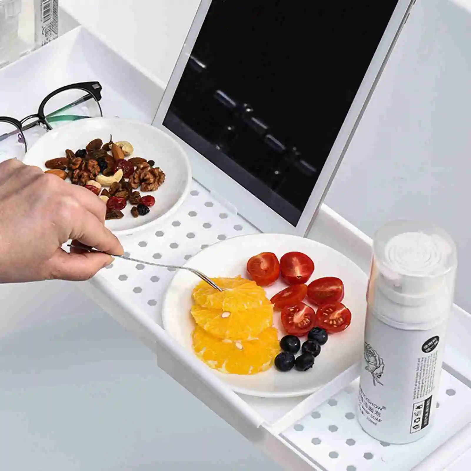 1 قطعة صينية حوض الاستحمام القابلة للتوسيع وضع مستقر المواد البلاستيكية استنزاف تصميم حمام العلبة صينية حوض الجدول للحمام #6