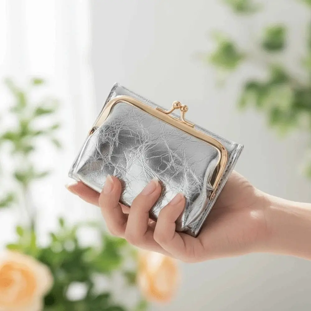 Coin Pouch Portable Kiss Lock Wallet Solid Color Multiple Card Slots 2 in 1 Card Bag Fashion Short Leather Coin Purse Students